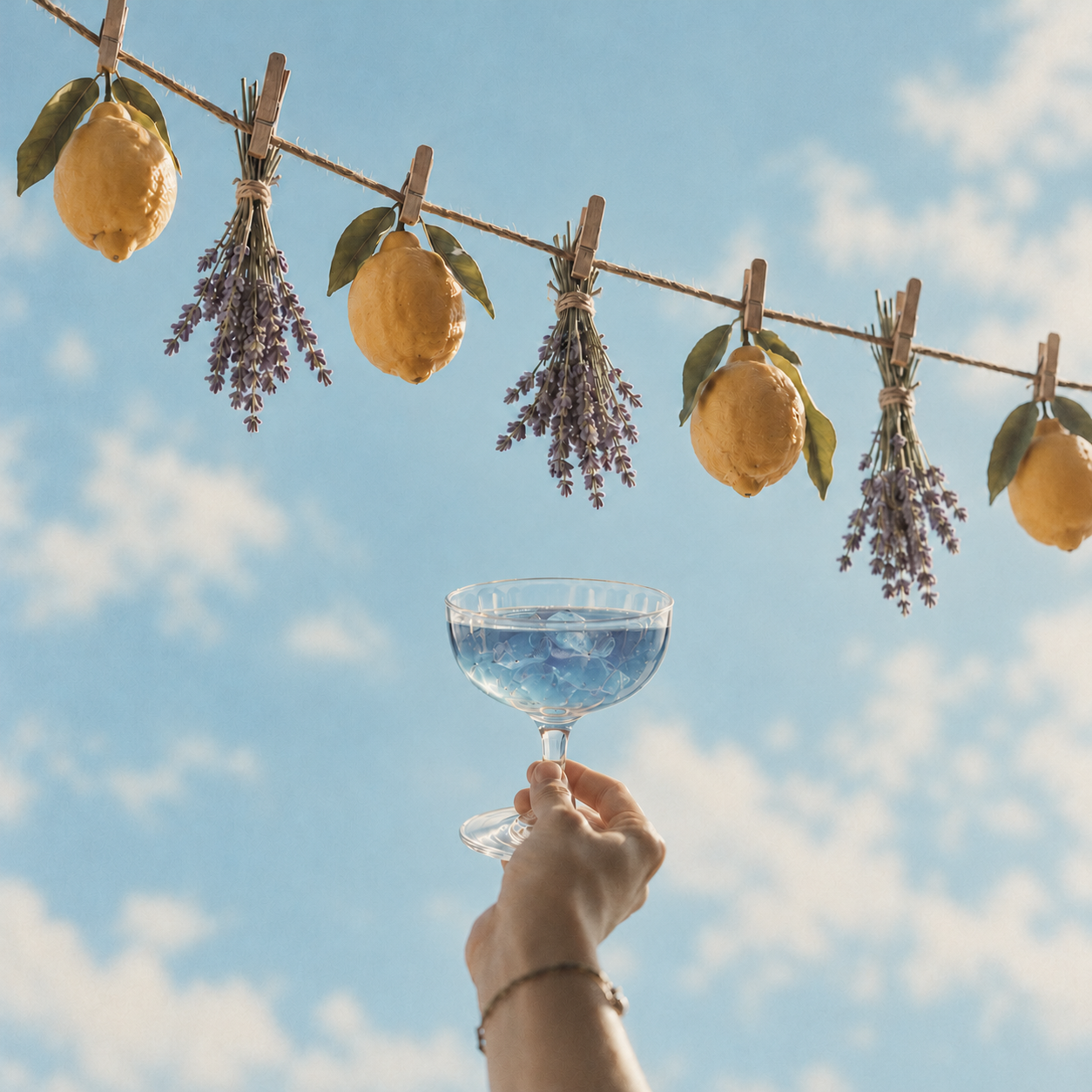 A hand raising a butterfly blue coupe beneath a line of lemons and backyard lavender